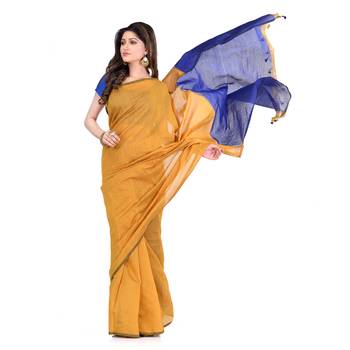 Yellow printed cotton silk saree with blouse 3