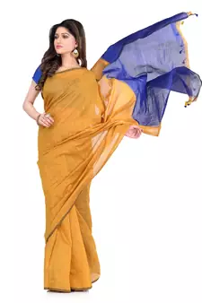 Yellow printed cotton silk saree with blouse