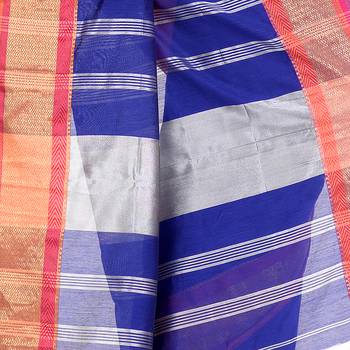 Blue hand woven cotton silk saree with blouse 4
