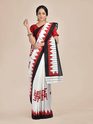 White printed pure cotton saree  1