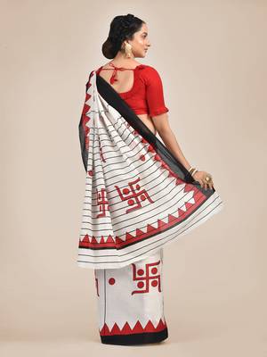 White printed pure cotton saree  3