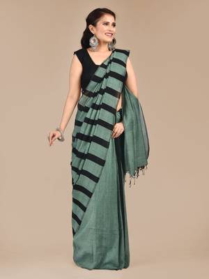 Green woven pure cotton saree with blouse 2