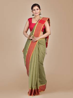 Beige woven blended cotton saree with blouse 1