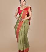 Beige woven blended cotton saree with blouse