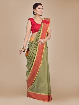 Beige woven blended cotton saree with blouse 2