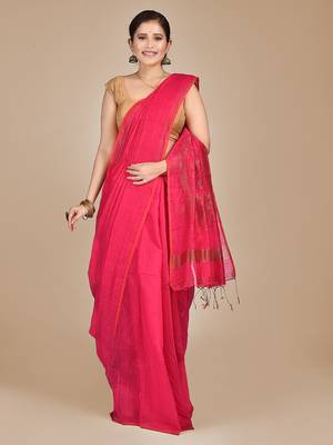 Rani pink woven blended cotton saree with blouse 1
