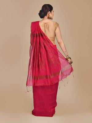 Rani pink woven blended cotton saree with blouse 3