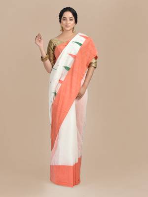 White woven blended cotton saree with blouse 1