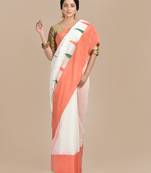 White woven blended cotton saree with blouse