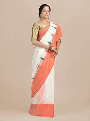 White woven blended cotton saree with blouse 2