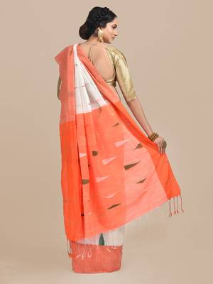 White woven blended cotton saree with blouse 3