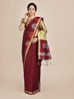 Maroon woven blended cotton saree with blouse 1