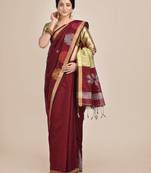 Maroon woven blended cotton saree with blouse