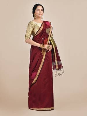 Maroon woven blended cotton saree with blouse 2