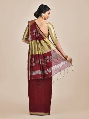 Maroon woven blended cotton saree with blouse 3