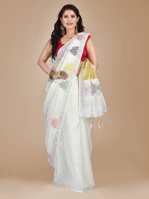 White woven blended cotton saree with blouse 1