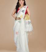 White woven blended cotton saree with blouse