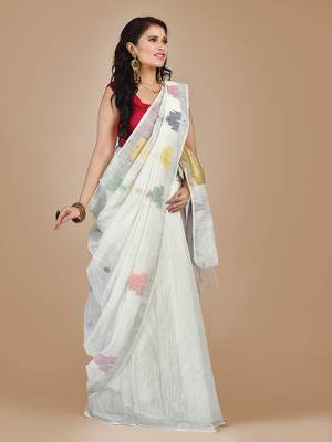 White woven blended cotton saree with blouse 2