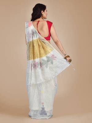White woven blended cotton saree with blouse 3