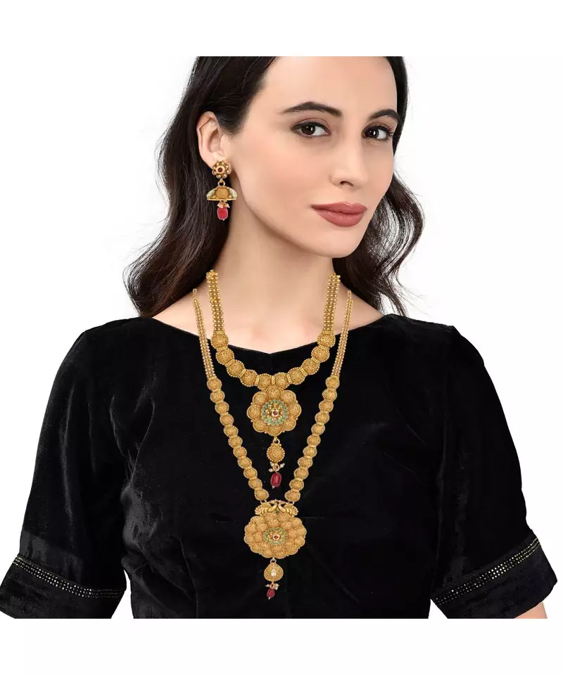 Gold Plated Long And Short Necklace Set For Women