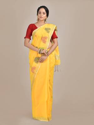 Yellow woven blended cotton saree with blouse 1