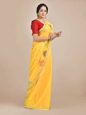 Yellow woven blended cotton saree with blouse 2
