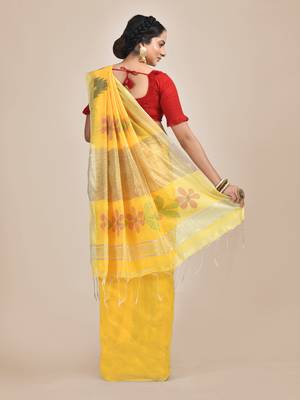 Yellow woven blended cotton saree with blouse 3