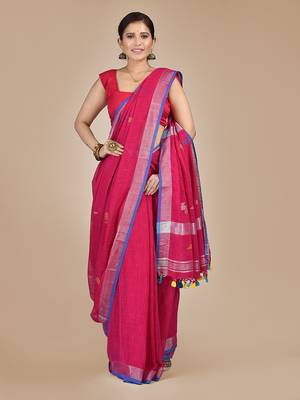 Pink woven pure cotton saree with blouse 1