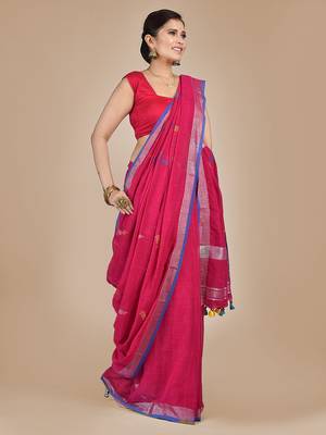 Pink woven pure cotton saree with blouse 2