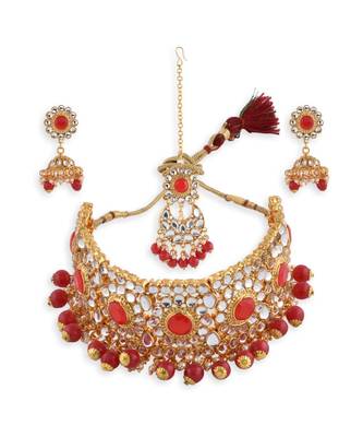 Gold Plated Red Stone Studded Choker Necklace Set 3