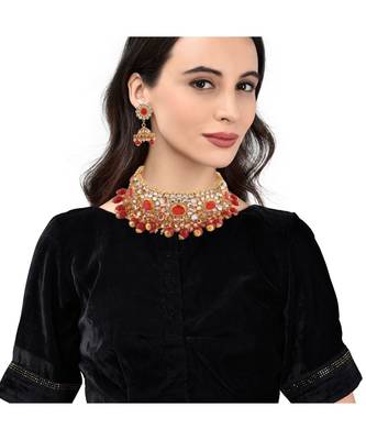 Gold Plated Red Stone Studded Choker Necklace Set 1