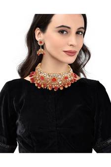 Gold Plated Red Stone Studded Choker Necklace Set