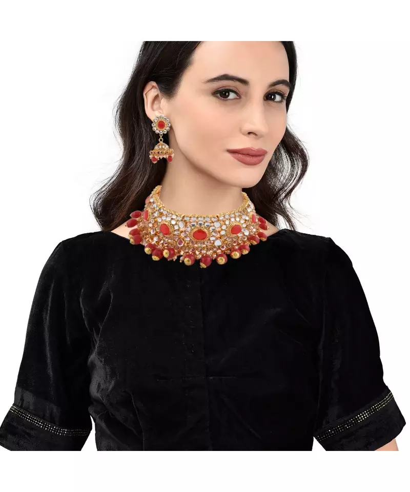 Gold Plated Red Stone Studded Choker Necklace Set