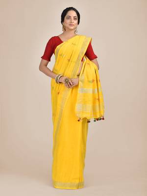 Yellow woven pure cotton saree with blouse 1