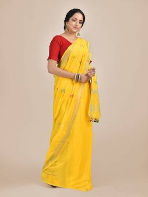 Yellow woven pure cotton saree with blouse 2