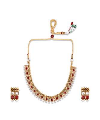 Gold Plated Red And White Stone Studded Necklace Set 2