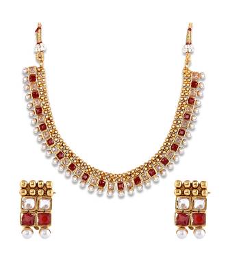 Gold Plated Red And White Stone Studded Necklace Set 3