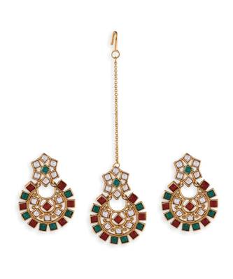 Multicolour Stone Studded Maang Tikka With Earring Set 1