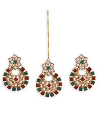 Multicolour Stone Studded Maang Tikka With Earring Set 2