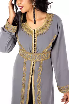 Gray and Black Moroccan Kaftan With Sun-proof hijab