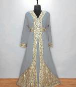 Gray luxurious Moroccan Kaftan With Sun-proof hijab.