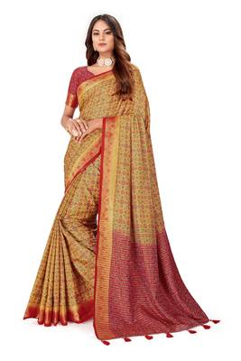 Beige embroidered banarasi silk saree with blouse 1