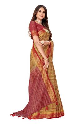 Beige embroidered banarasi silk saree with blouse 4