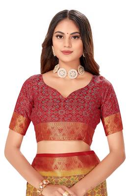 Beige embroidered banarasi silk saree with blouse 5
