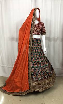 Blue embroidered silk semi stitched lehenga 1