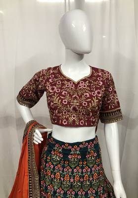 Blue embroidered silk semi stitched lehenga 2