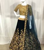 Navy-blue embroidered velvet semi stitched lehenga