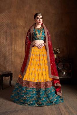 Yellow embroidered art silk semi stitched lehenga 1
