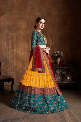 Yellow embroidered art silk semi stitched lehenga 3