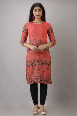 Peach Printed Rayon Ethnic Kurtis 1